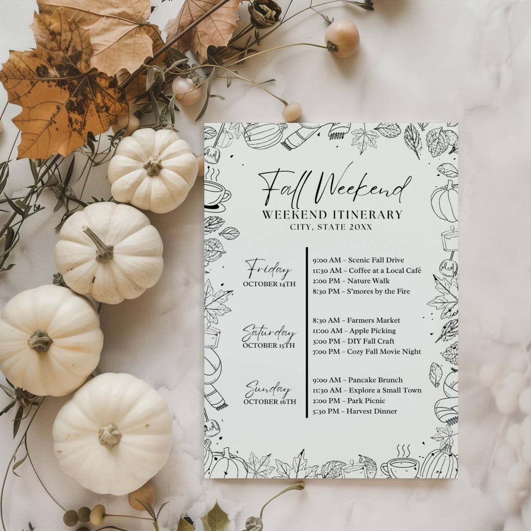Editable Cozy Fall Weekend Itinerary Template, Autumn Travel Planner ...