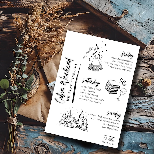 Cabin Trip Itinerary, Girls Trip Planner, Camping Trip, Cabin in the Wood, Outdoor Mountain Bachelorette, Birthday Itinerary Template IB304A