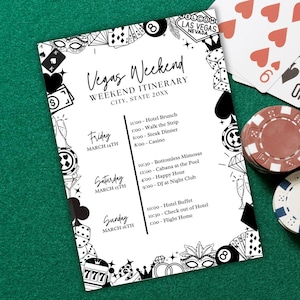 Plantilla de itinerario de fin de semana de cumpleaños en Las Vegas, agenda de fin de semana en Las Vegas, programa de fiesta editable, itinerario de vacaciones de descarga instantánea, MMS01