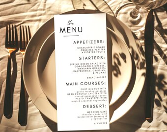Minimalist Wedding Menu Template, Modern Menu Card, Printable Dinner Menu Template, Elegant Wedding Menu Card, Editable Canva Template W105A