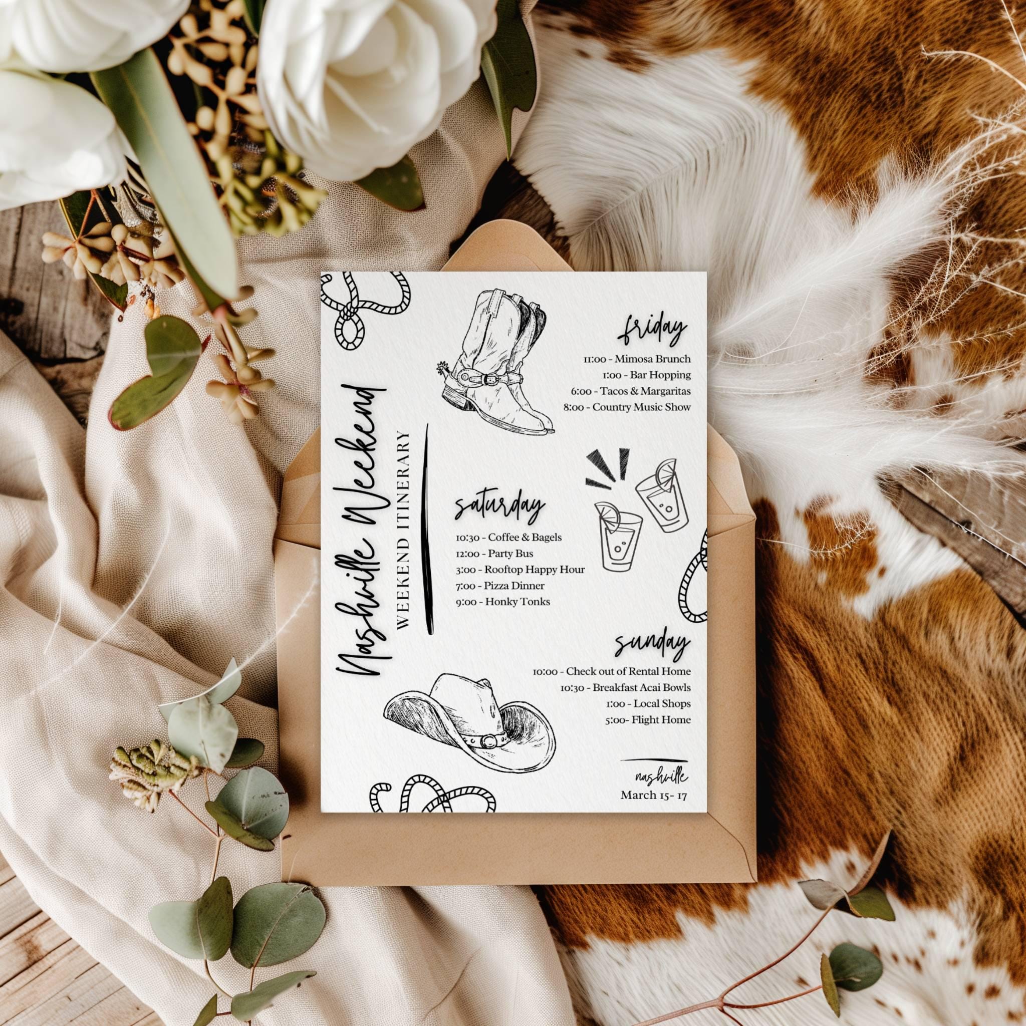 Nashville Bachelorette Itinerary Template, Last Rodeo Bachelorette Weekend, Western Disco Cowgirl Invite, Nash Bash, Cowgirl Wedding, IB307B