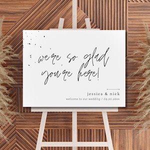 Letrero "Nos alegra mucho que estés aquí", letrero moderno de bienvenida para bodas, póster minimalista de bienvenida para bodas, descarga de plantillas editables, letrero imprimible