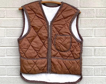 Vtg 70s Brown Quilted Puffer Vest Unisex SMALL Insulated Hunting Vest