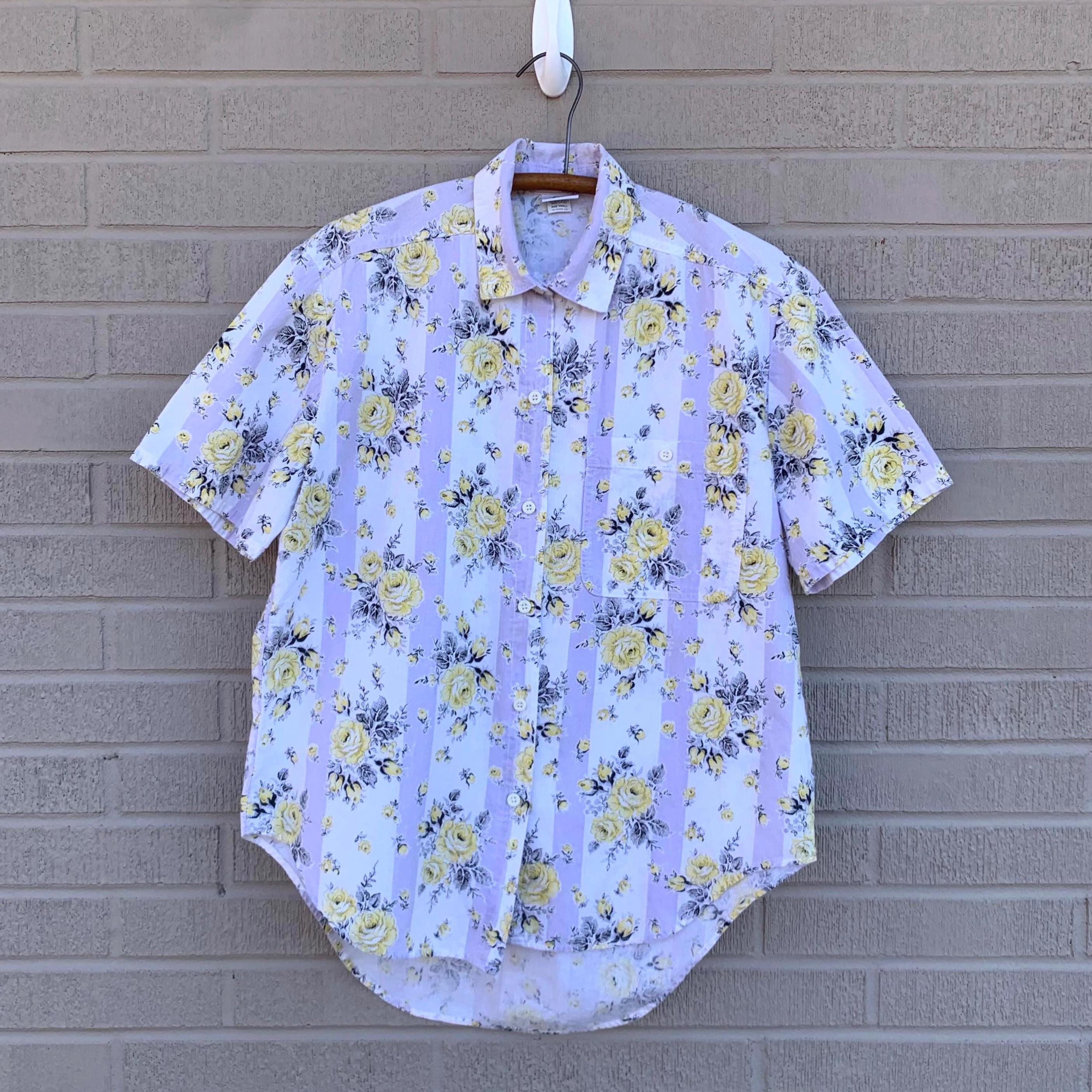Vtg Palmettos Rose Button Down Shirt MEDIUM Lilac Purple Stripes Yellow Rose