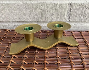 Vtg Mid Century Brass Candlestick Holder Wavy MCM Double Candleholder Wave 2-Candle MCM