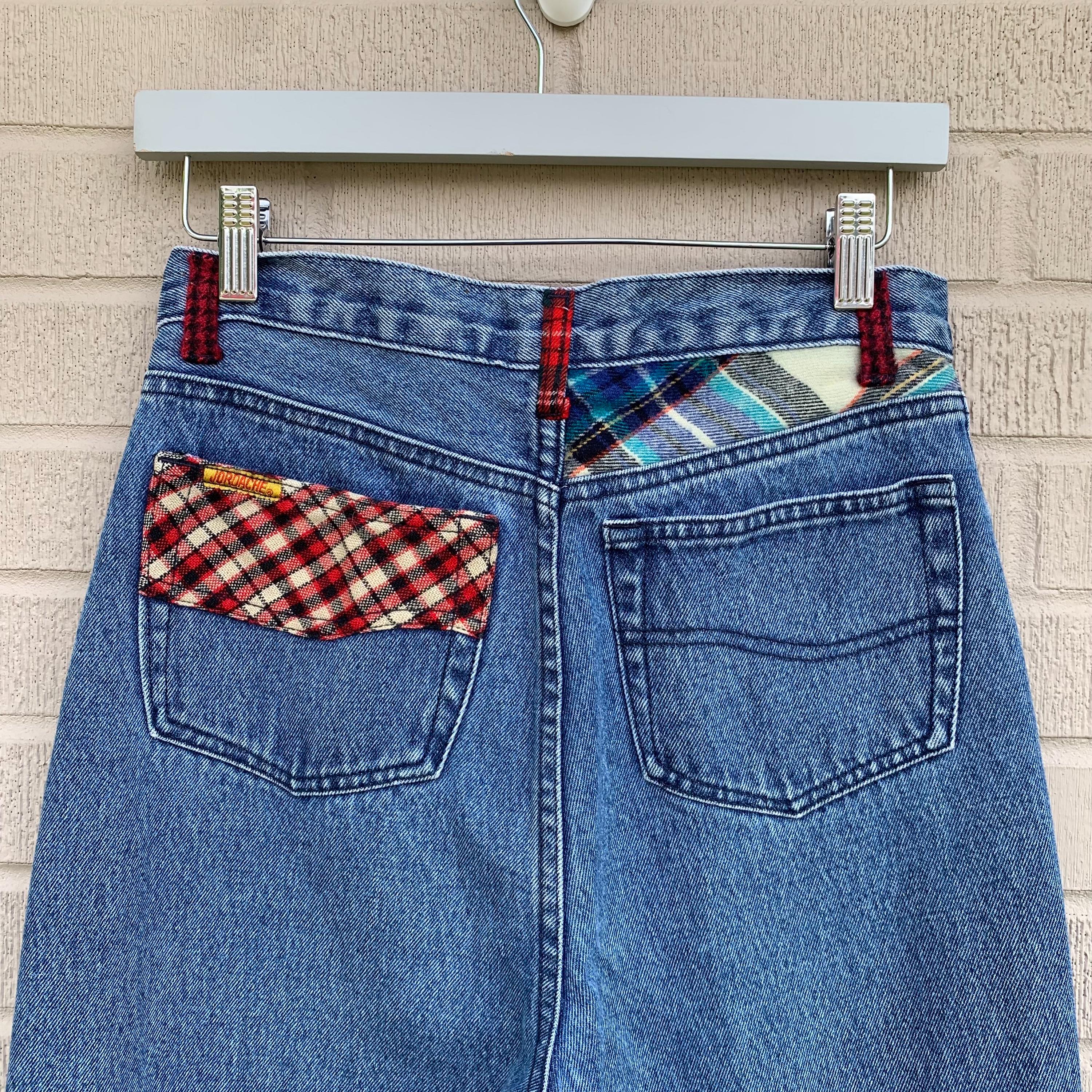 Vtg Jordache Jeans Flannel Details—28” Waist / Size 11/12 Flannel Patch Blue Jeans Plaid 100% Cotton