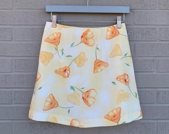 VTG Y2K Blumen Rock KLEIN - 26 ”Taille Hausgemachte Mini Pastell Aquarell Lilien Blumen Gelb Orange Minirock