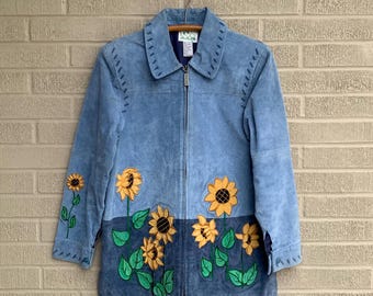 Vtg Suede Jacket w/ Sunflowers Size SMALL The Quaker Factory Blue Suede Embroidered Beaded Color Block Floral Jacket