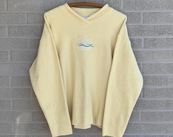Mendocino California Fleece Sweatshirt LARGE Pastel Yellow V Neck E.M.I. Sportswear Beach