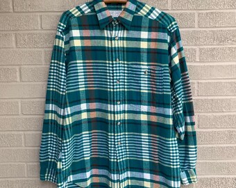 Vtg Henry Grethel Teal Plaid Flannel Shirt Men’s MEDIUM 100% Cotton Colorful Flannel Button Down Emerald Plaid Bold Plaid