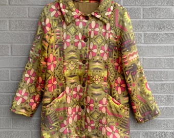 Vtg 70s Floral Puffer Jacket LARGE Quilted Bright Pattern Abstract Lightweight