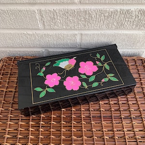 Vtg Tri Fold Mirror Jewelry Box Black Floral Chinese Inspired Black Lacquer Organizer Butterfly
