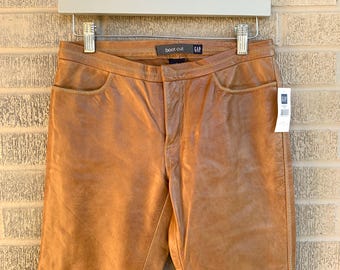 NOS Y2K Camel Leather GAP Pants SIZE 2 / 28“ Waist Light Brown Stitch Detail 2001