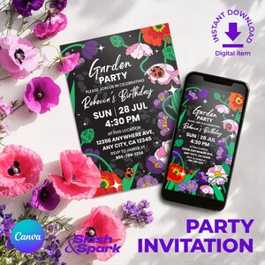 Convite para festa no jardim • Cartão de aniversário com flores silvestres • Convite digital editável para celular e impressão • Modelo de festa de verão com flores boho