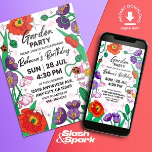 Convite para festa no jardim – Cartão floral branco boho editável, convite digital de aniversário de verão, modelo de flores silvestres Canva, para celular e impressão
