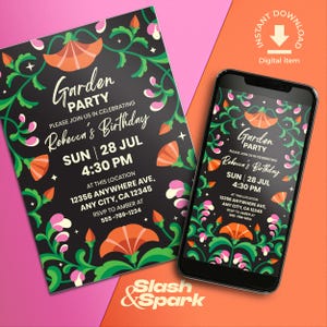 Convite editável para festa no jardim – Cartão floral escuro estilo Boho, convite digital para aniversário de verão, modelo de flores silvestres no Canva, para celular e impressão
