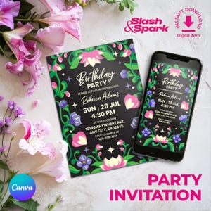 Convite de aniversário floral escuro editável – Cartão de festa boho no jardim, convite digital de verão, modelo de flores silvestres no Canva, para celular e impressão