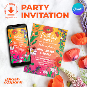 Convite para festa de aniversário estilo Boho • Cartão floral vibrante • Convite editável com tema de papoula | Modelo para impressão e celular