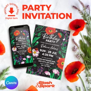Convite para festa de aniversário estilo Boho • Cartão floral escuro • Convite com tema de papoula editável | Modelo para impressão e celular