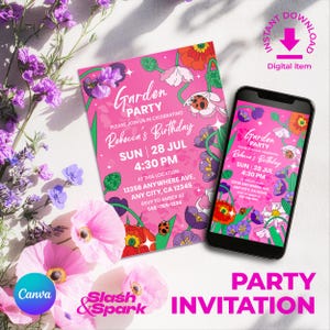 Convite de aniversário para festa no jardim • Convite digital floral boho • Modelo Canva editável • Móvel e impressão • Design de flores silvestres de verão