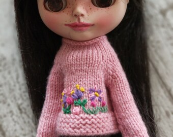 Dolls Knitted Rose Pink Jumper Embroidered 3d Flowers,  Fits Blythe