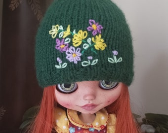 Blythe Dolls  Pixie, Elf Hat,Bottle Green Embroidered Flowers Dolls Hat