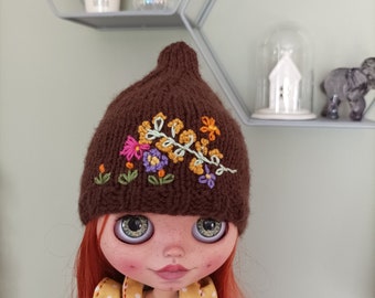 Fits Blythe Dolls  Pixie, Elf Hat, Brown Embroidered Flowers Dolls Hat