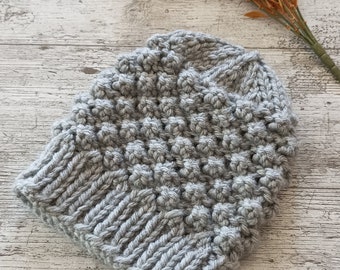 Chunky Knit Grey Beanie Hat, Womens Knit Hat, Winter Hat