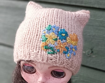Blythe Dolls  Cat Hat, Caramel Embroidered Flowers Dolls Hat