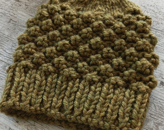 Chunky Knit Olive Green Beanie Hat, Womens Knit Hat, Winter Hat