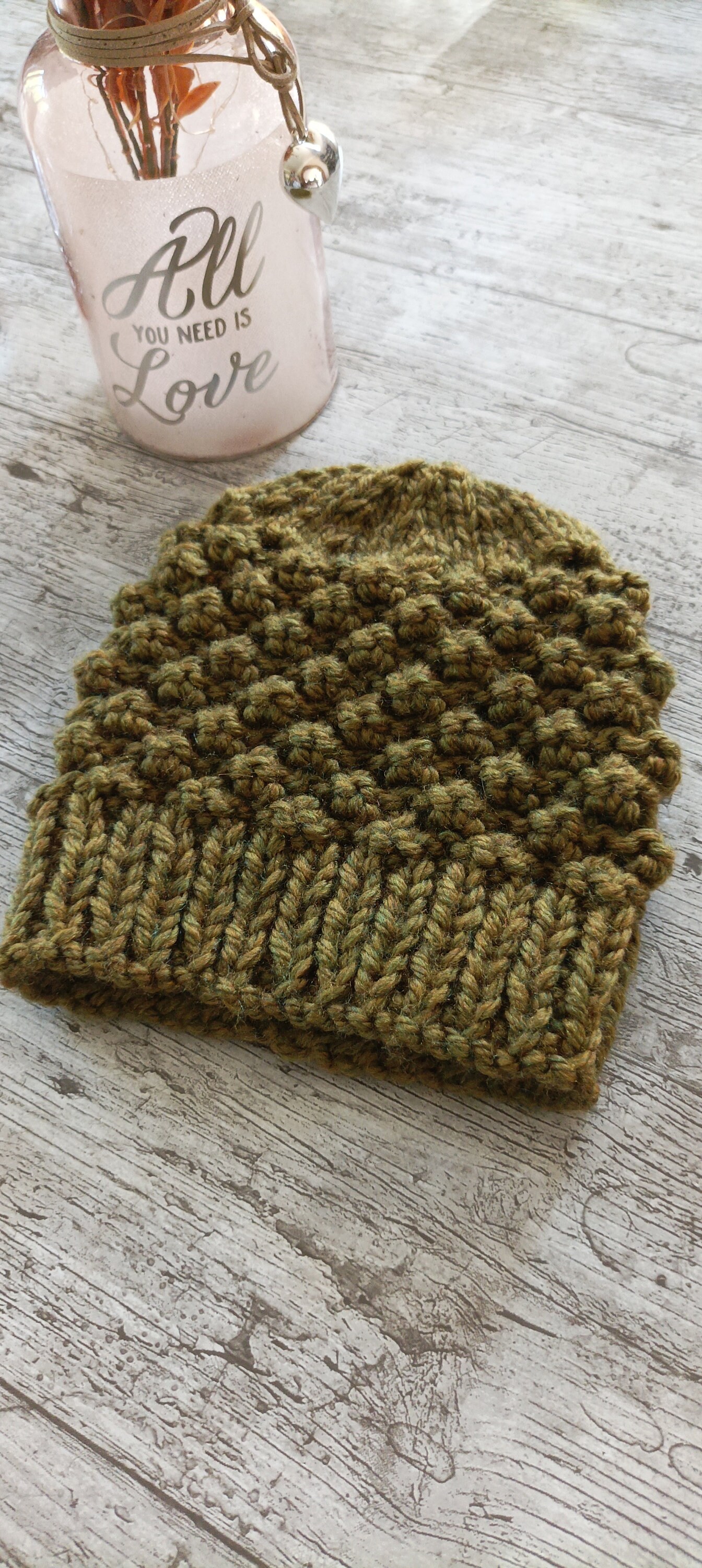 Women’s Handmade Green Chunky Knit Beanie | NWT Handmade Chunky Knit Beanie: Forest Green Wool Blend With  main image 2