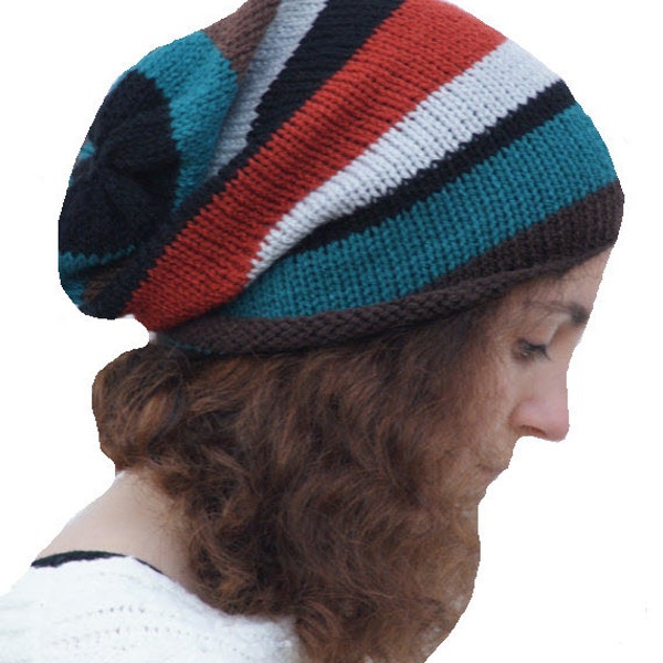 Knitted Slouchy Hat, Dreads, Tam,Slouch Hat ,Knit Beanie Hat, Stripey
