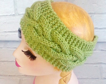 Chunky Knit Cable Headband, Ear Warmer Chunky Knit Hairband, Apple Green