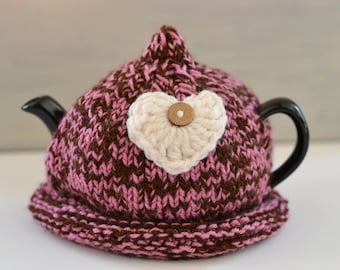 1 - 2 Cup  Brown and Pink Heart Hand Knitted Tea cosy  Cover