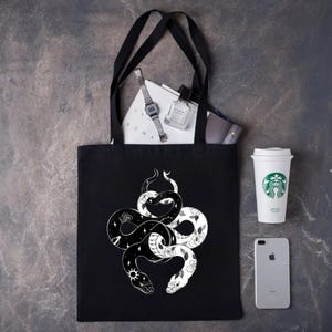Yin Yang Snake Tote Bag: Black and White Canvas Shopper