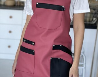 Eco-Leder Salon Schürze : Wasserdichte Stylist Schürze mit Taschen