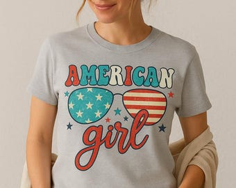 Camiseta American Girl del 4 de julio: Camiseta retro patriótica con gafas de sol