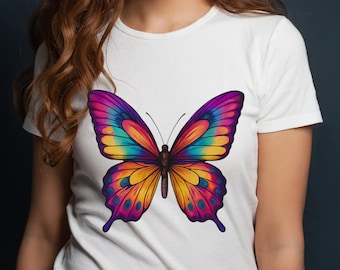 Maglietta grafica con farfalla arcobaleno - Maglietta boho da donna