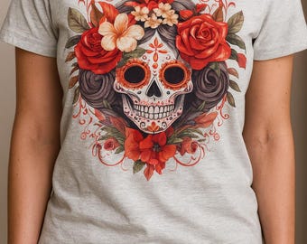 T-shirt tête de mort en sucre, t-shirt floral Dia de los Muertos