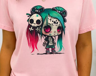 Rosa Pastel Goth T-Shirt, Gruselige Puppen Grafik