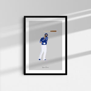 Puede incluir: Una ilustración digital de un jugador de béisbol con un uniforme azul y blanco con un bate de béisbol en el aire. El fondo es de color gris claro. El texto "Game Frame" está en la parte inferior de la imagen.
