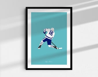 May include: A digital illustration of a hockey player wearing a white and blue jersey with the number 16 and the name "Marner" on the back. The player is skating on a light blue background.