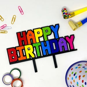 Building Brick Birthday Cake Topper | Bright Fun Party Sign | Happy Birthday Decoration for Kids Party