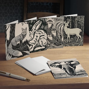 Cartes de voeux linogravure animal, lot de 5 cartes vierges gothiques et amoureux des animaux, ensemble de papeterie artistique, cartes animalières faites main, gothique