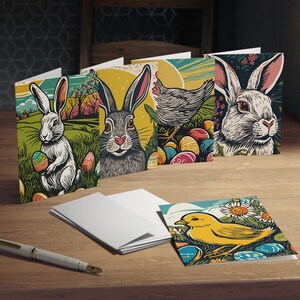 Motif linogravure de Pâques, lot de 5, cartes de vœux, décoration de Pâques, cadeau de Pâques, ensemble de papeterie de Pâques, carte de Pâques, oeuf de poussin lapin