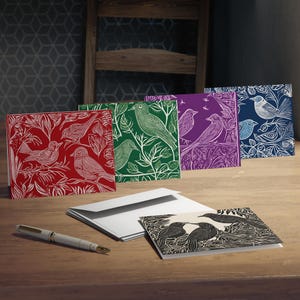 Linocut Birds 5-Pack, Blank Cards for Any Occasion, Stationery Set, Note Cards, Thank You Cards, Art Cards, Card Set