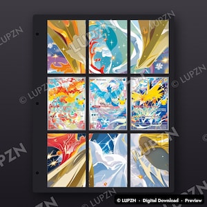 Könnte beinhalten: Eine schwarze Sammelkarten-Hülle aus Kunststoff mit neun Fächern. Die mittlere Reihe zeigt drei Pokémon-Karten: Moltres mit Feuergrafiken, Articuno mit Eiselementen und Zapdos mit Blitzen, jeweils mit 120 KP und Text versehen.