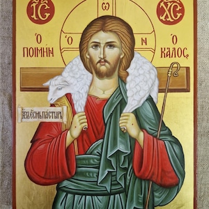 Hand-painted icon of Jesus Christ the Good Shepherd, size 20x15x2 cm
