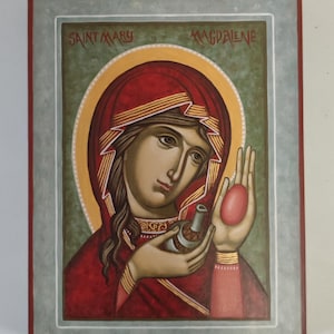 Handgeschilderd icoon van de heilige Maria Magdalena, 20 x 15 x 2,5 cm.
