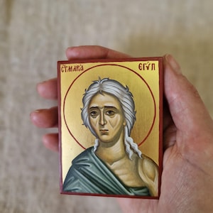 Pequeño icono pintado a mano de Santa María de Egipto, tamaño 6x8x1,5 cm.